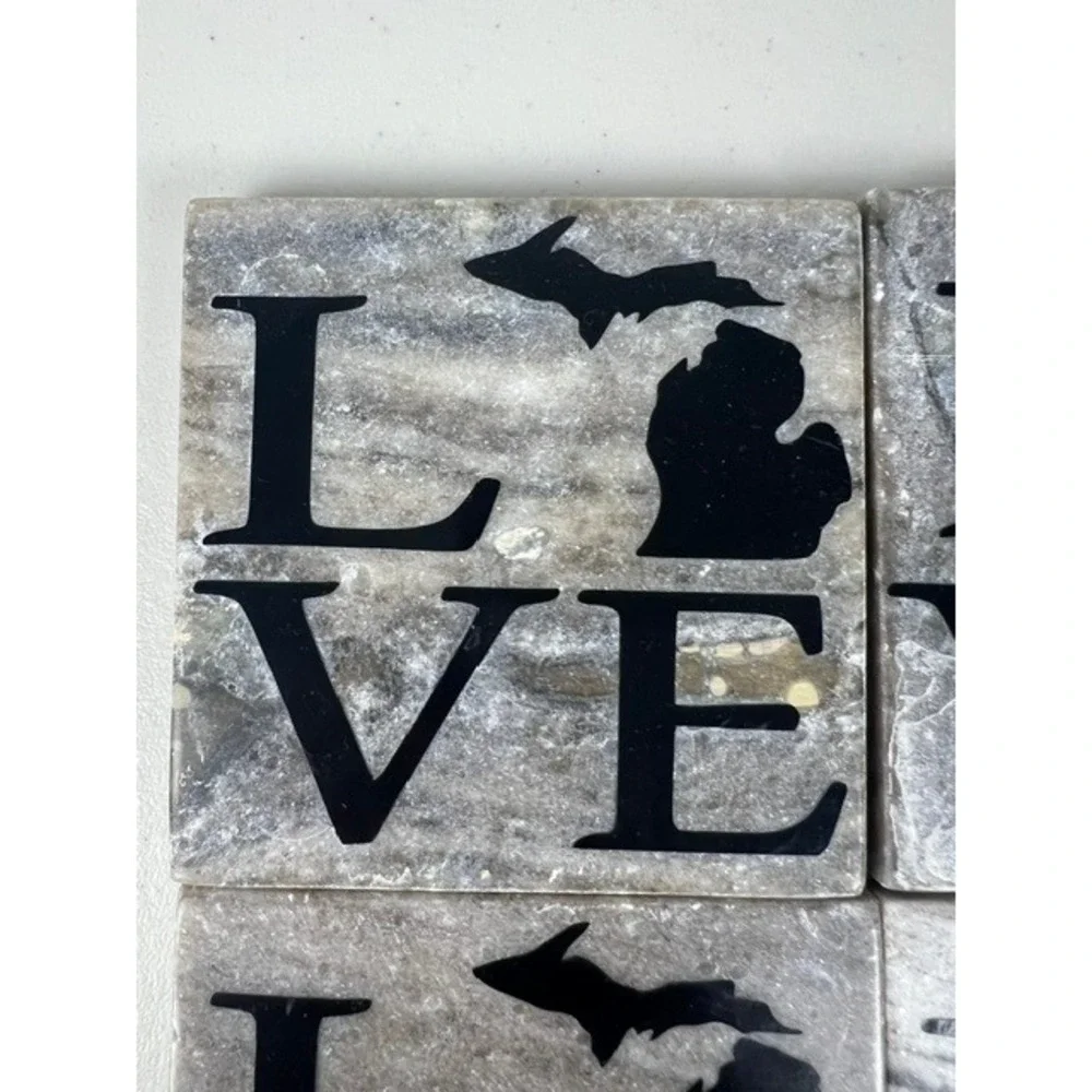 Michigan LOVE Marble Stone Coasters Set of‎ 4 Grey White Natural Veining India